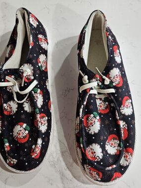 Women's Black Santa Print One-Piece Shoes - Holiday Slip-Ons Size 41